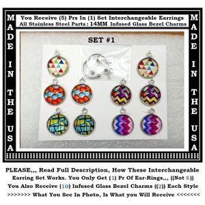 5/$20 Funky Art Party Fun Colorful Interchangeable Charm Earrings-5 Pairs in Set